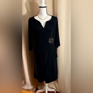 Adrianna Papell Black Dress with Embellished Brooch EUC!